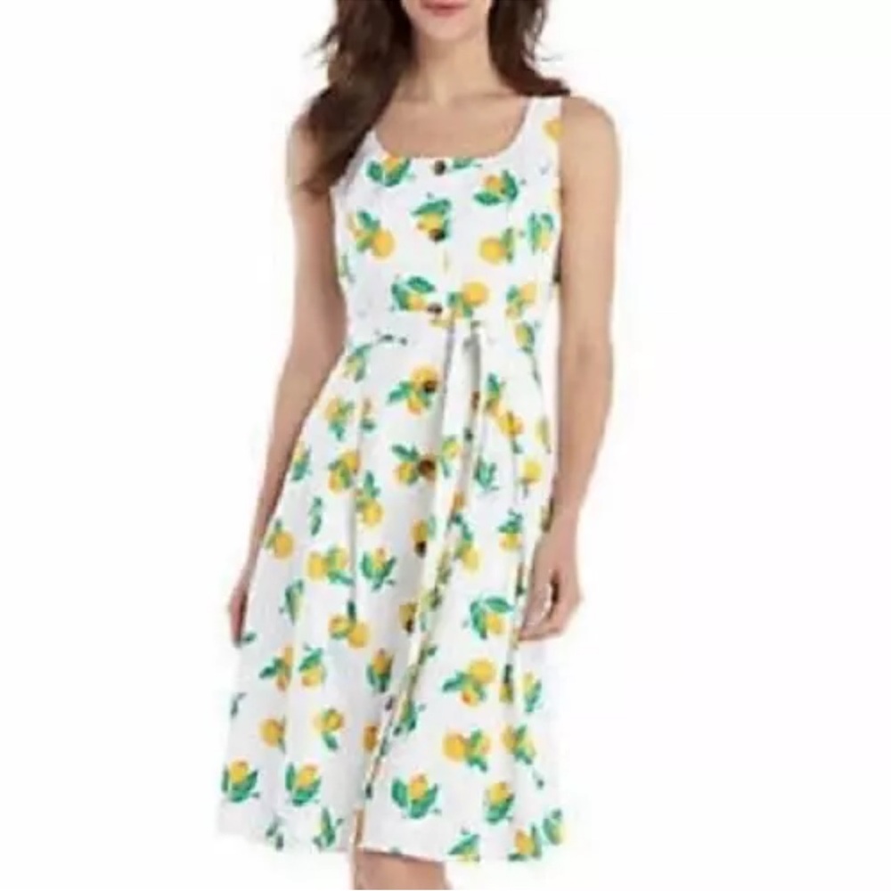 NWT Lemon Print Button-Front Midi Dress – Sleeveless A-Line with Tie Waist